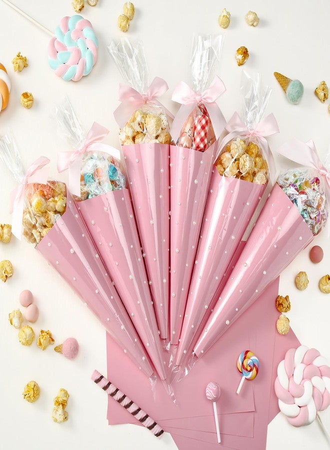 Yexiya 156 Pcs Pink Bow Cone Cellophane Bag Set DIY Sweet Cones Shaped Treat Bags Pink Card Paper, Bow and Pearl Patches for Party Favors Sweet Snack Popcorn Packing Gift - Image 1